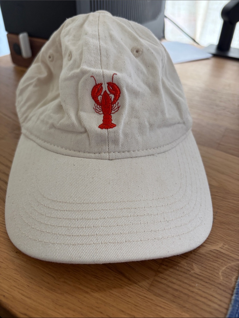 By Anthropologie Lobster Embroidered Baseball Cap Cream Red Lobster Adjustable